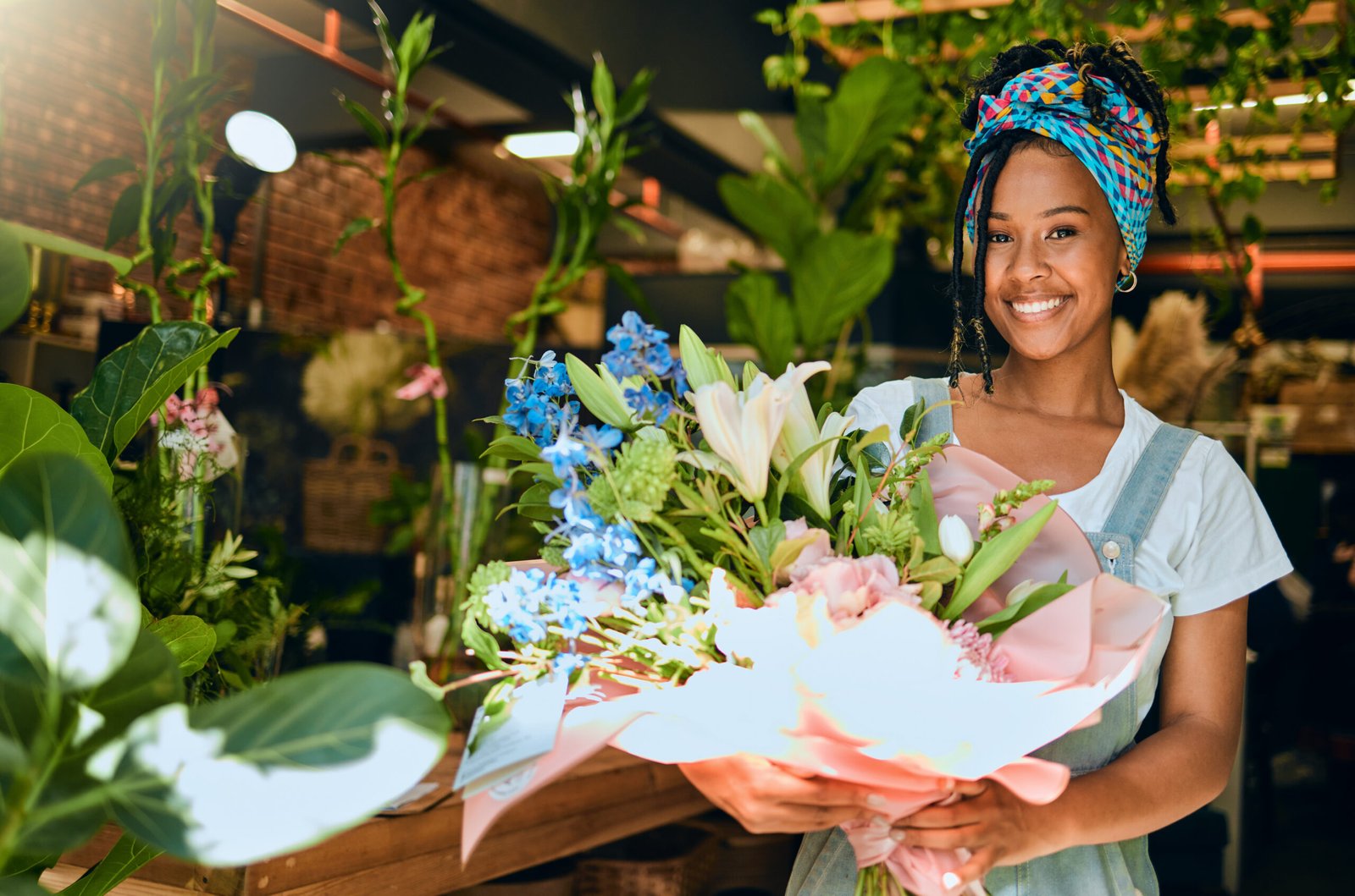 black woman with bouquet flowers and florist in green scaled