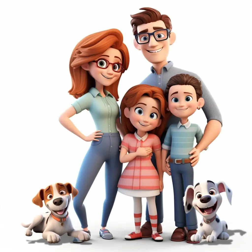 Joyful dog family cartoon showcasing veterinary services and pet wellness coverage.