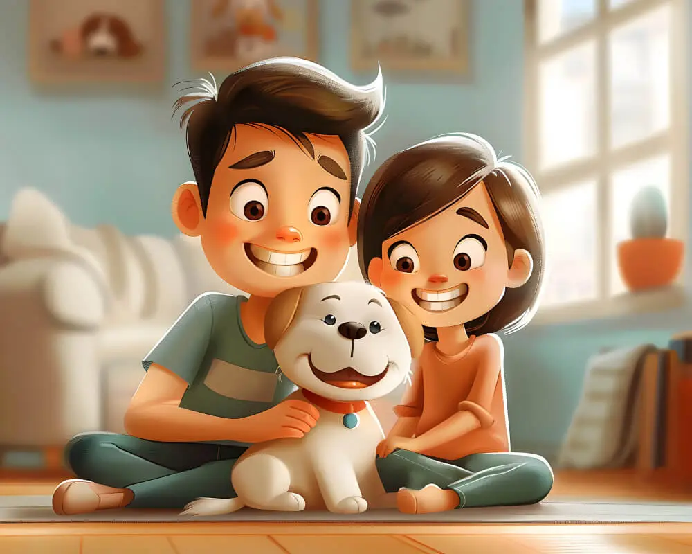 Cheerful couple playing with a happy dog, highlighting pet wellness and family- friendly pet care.