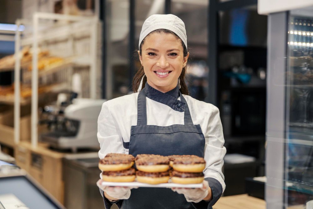 A happy baker is holding tray with doughnuts and offering them to a customers