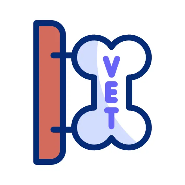 Veterinary sign cartoon, emphasizing trusted veterinary services and pet health insurance.