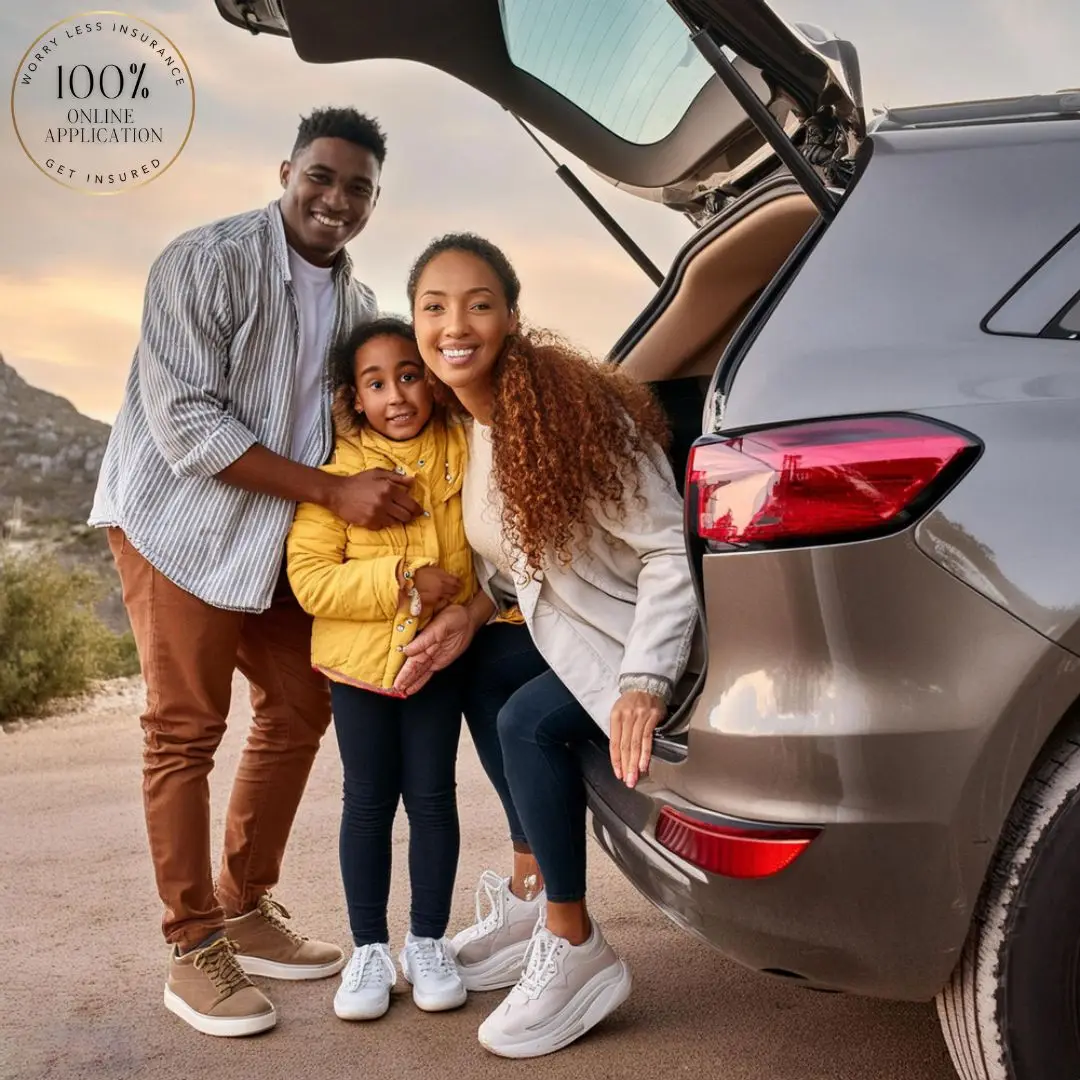 Happy diverse family enjoying a safe road trip, promoting auto insurance, affordable car coverage, and secure travel.