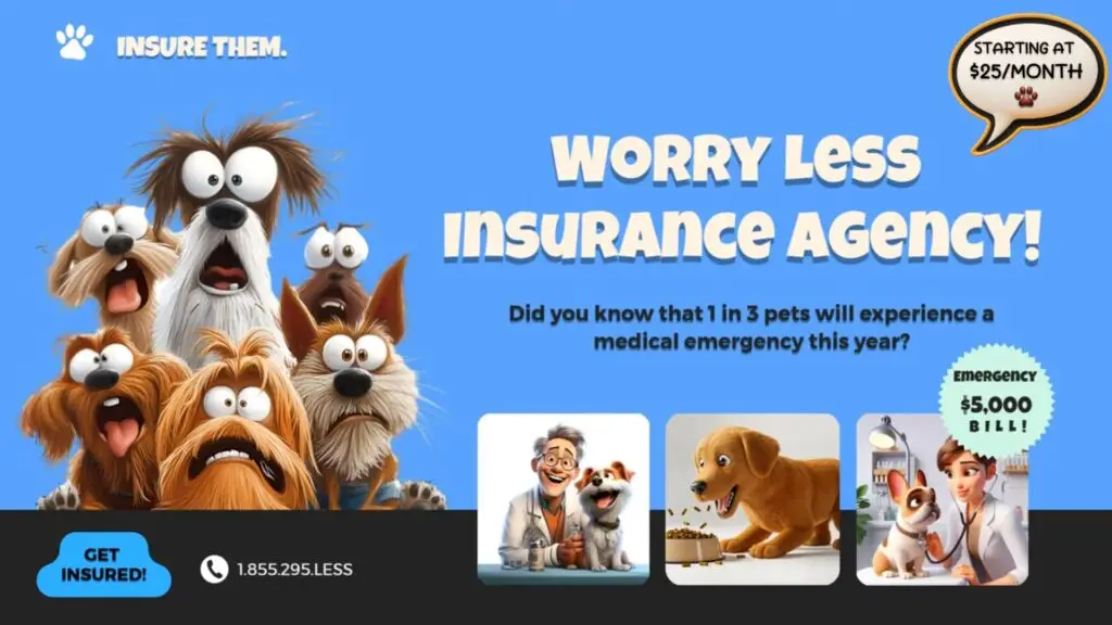 3D pet insurance flyer by Worry Less Insurance, featuring veterinary services and pet care coverage.