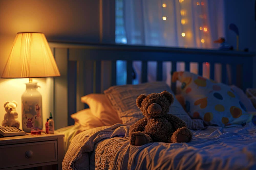 A bedroom with a bed a toy bear and a lamp