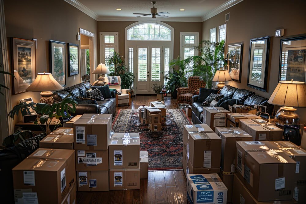 A bunch of moving boxes in a house of all different types and sizes
