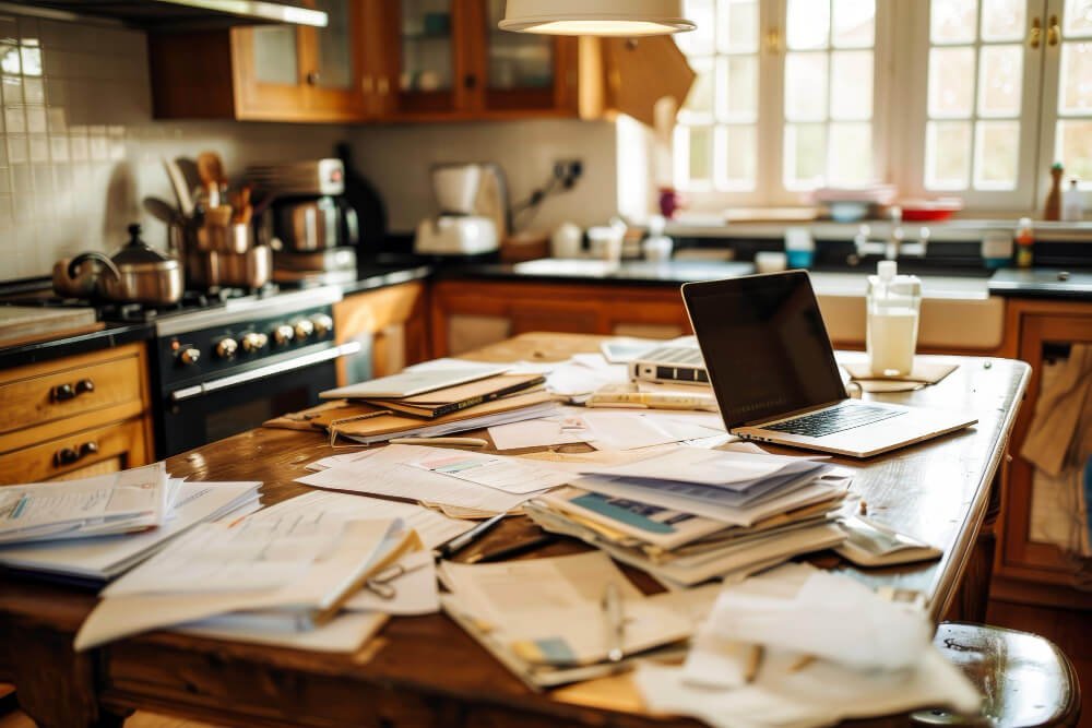 A messy kitchen table with papers scattered everywhere a laptop and a cup suggesting work being done at home a busy kitchen table cluttered with papers and a laptop