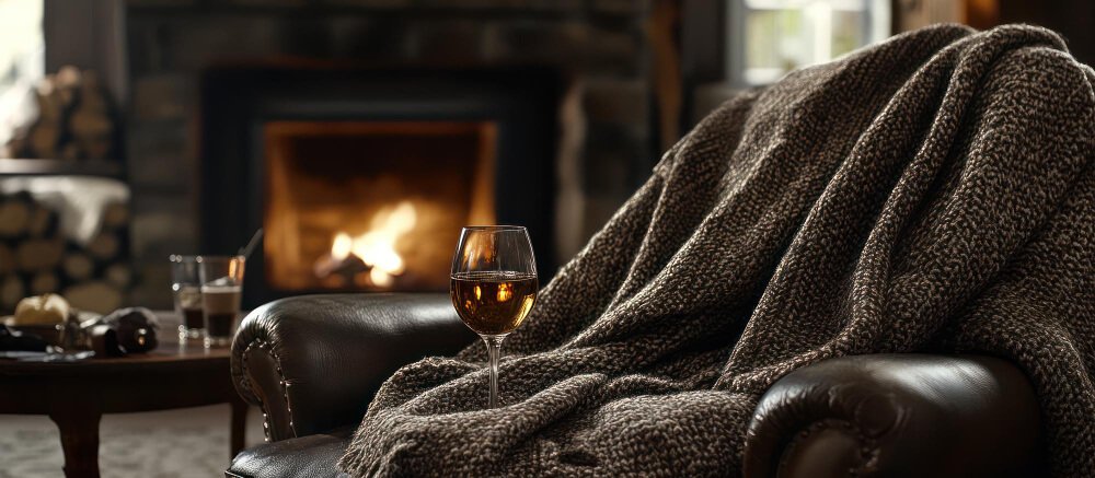 Cozy fireplace scene with wine glass on armchair