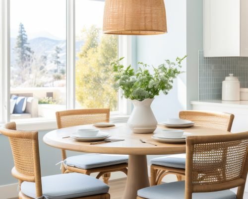 Cozy blue and wood dining room with bamboo and wicker lamp, highlighting the value of insuring home essentials.