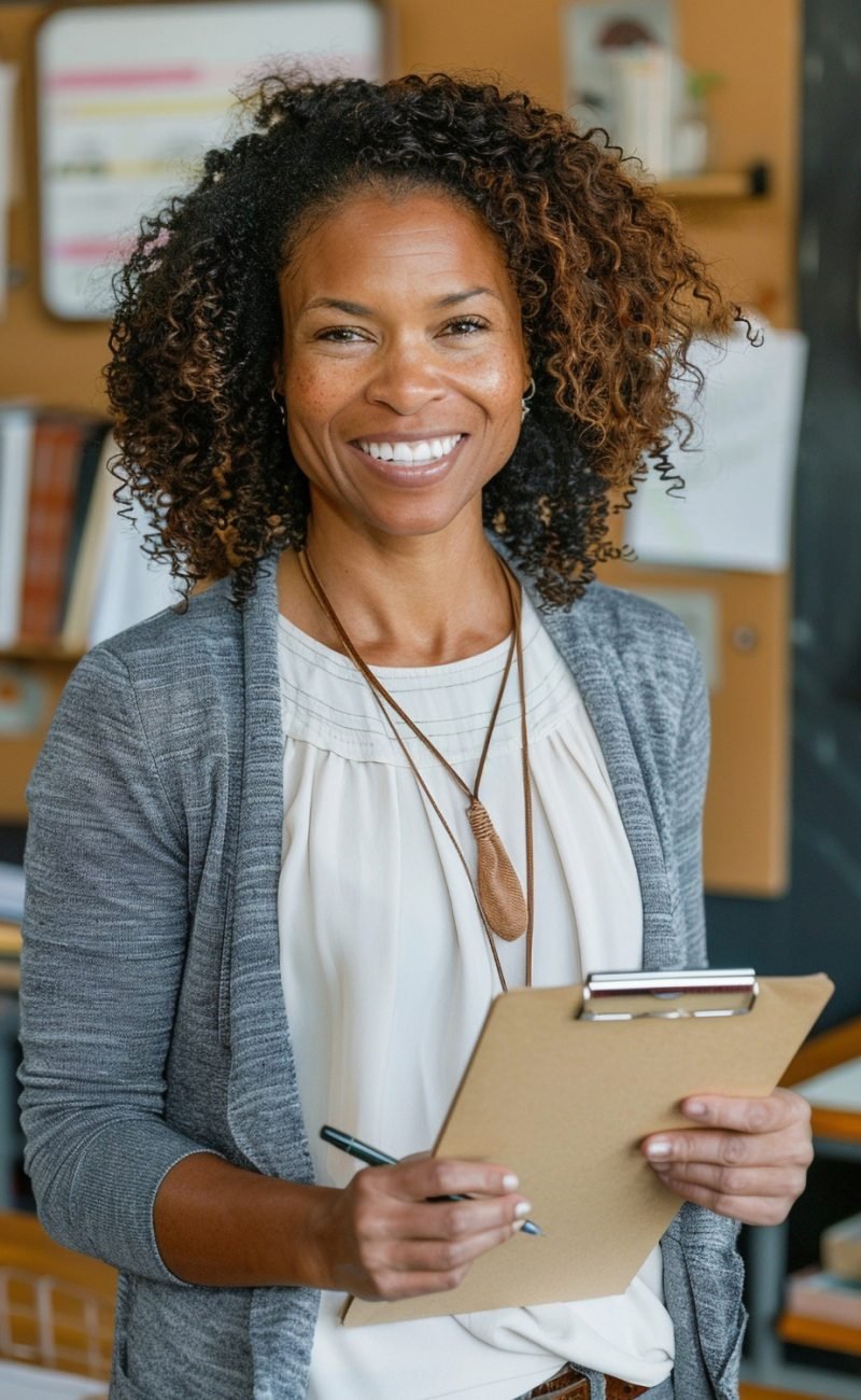 Diverse teacher smiling in a classroom discussing affordable life insurance plans to help secure a financially sound future.