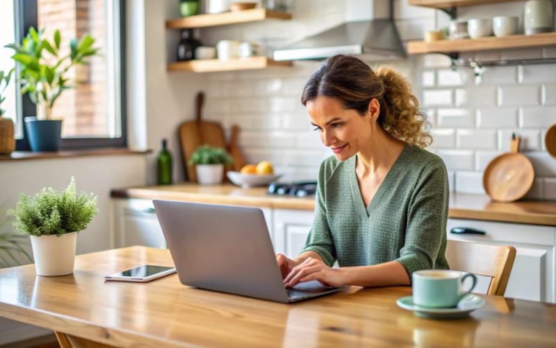 Italian woman browsing for homeowners insurance quotes online for tailored coverage options.