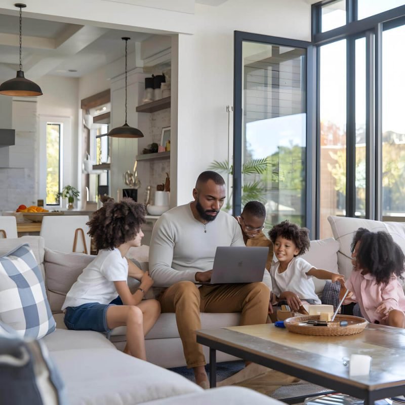 An african american father works on his laptop in the living room of a modern home surrounded_1