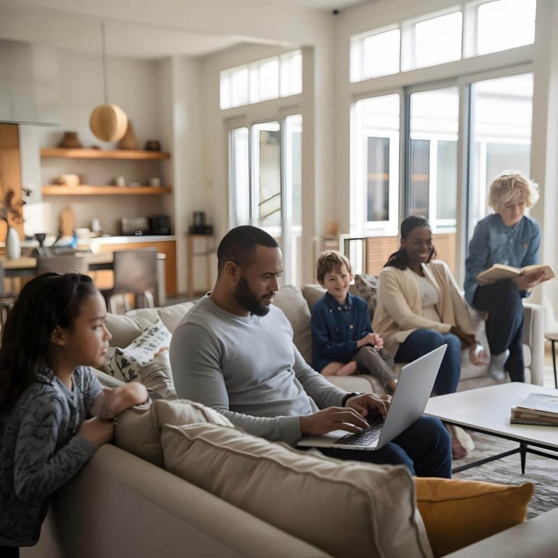 An african american father works on his laptop in the living room of a modern home surrounded_2