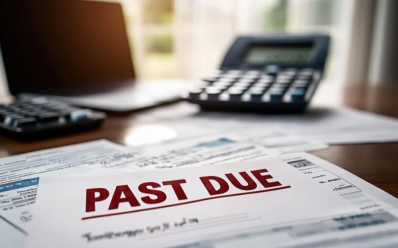 Past due payment reminder letter on desk with calculator