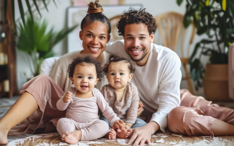Diverse family of four smiling confidently, secure with their renters insurance plan.