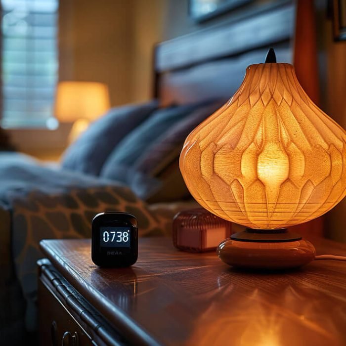 a bedside table with a clock and a lamp