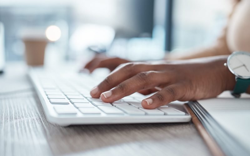 Search, computer and hands of business woman typing for communication, technology and networking. T.